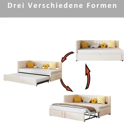 Okwish Lit Gigogne 90/180x200 cm - Lit avec Canapé-Lit Coulissant, Multifonction pour enfants et Invités, en Velours Beige, Sans Matelas* Lit Gigogne