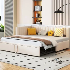 Okwish Lit Gigogne 90/180x200 cm - Lit avec Canapé-Lit Coulissant, Multifonction pour enfants et Invités, en Velours Beige, Sans Matelas* Lit Gigogne