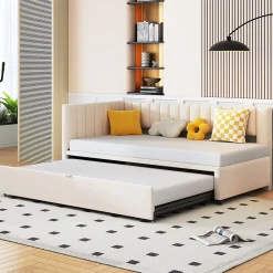Okwish Lit Gigogne 90/180x200 cm - Lit avec Canapé-Lit Coulissant, Multifonction pour enfants et Invités, en Velours Beige, Sans Matelas* Lit Gigogne