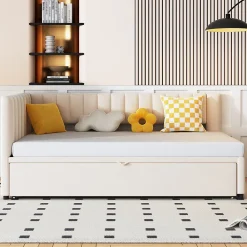 Okwish Lit Gigogne 90/180x200 cm - Lit avec Canapé-Lit Coulissant, Multifonction pour enfants et Invités, en Velours Beige, Sans Matelas* Lit Gigogne