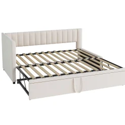 Okwish Lit Gigogne 90/180x200 cm - Lit avec Canapé-Lit Coulissant, Multifonction pour enfants et Invités, en Velours Beige, Sans Matelas* Lit Gigogne