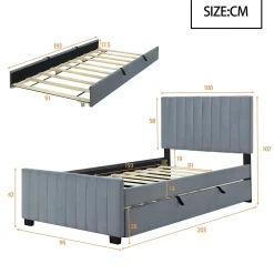 Lit Gigogne 90x190 cm - Lit avec Lit Supplémentaire, Tissu Velours Doux, Gris, Sans Matelas><noscript><img width=