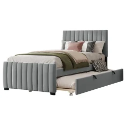 Lit Gigogne 90x190 cm - Lit avec Lit Supplémentaire, Tissu Velours Doux, Gris, Sans Matelas><noscript><img width=
