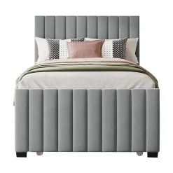 Lit Gigogne 90x190 cm - Lit avec Lit Supplémentaire, Tissu Velours Doux, Gris, Sans Matelas><noscript><img width=