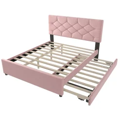 Lit Gigogne 140x200 cm - Lit Banquette Double Rembourré avec Sommier - Velours + MDF - Sans Matelas - Rose><noscript><img width=