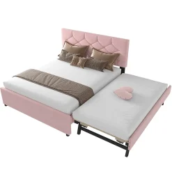 Lit Gigogne 140x200 cm - Lit Banquette Double Rembourré avec Sommier - Velours + MDF - Sans Matelas - Rose><noscript><img width=