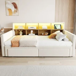 Lit Gigogne 90x190 cm - Lit Capitonné avec LED, 2 Tiroirs et Compartiments pour Enfant - Velours, MDF, Beige - sans Matelas>Okwish