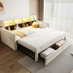 Lit Gigogne 90x190 cm - Lit Capitonné avec LED, 2 Tiroirs et Compartiments pour Enfant - Velours, MDF, Beige - sans Matelas><noscript><img width=