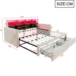 Lit Gigogne 90x190 cm - Lit Capitonné avec LED, 2 Tiroirs et Compartiments pour Enfant - Velours, MDF, Beige - sans Matelas><noscript><img width=