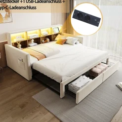 Lit Gigogne 90x190 cm - Lit Capitonné avec LED, 2 Tiroirs et Compartiments pour Enfant - Velours, MDF, Beige - sans Matelas><noscript><img width=