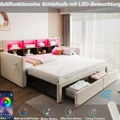 Lit Gigogne 90x190 cm - Lit Capitonné avec LED, 2 Tiroirs et Compartiments pour Enfant - Velours, MDF, Beige - sans Matelas><noscript><img width=