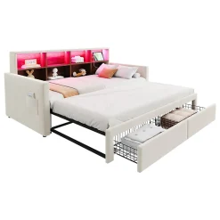 Lit Gigogne 90x190 cm - Lit Capitonné avec LED, 2 Tiroirs et Compartiments pour Enfant - Velours, MDF, Beige - sans Matelas><noscript><img width=