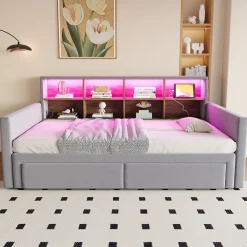 Lit Gigogne 90x190 cm - Lit Capitonné avec LED, 2 Tiroirs et Compartiments pour Enfant - Velours, MDF, Gris Clair - sans Matelas>Okwish Best