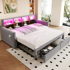 Lit Gigogne 90x190 cm - Lit Capitonné avec LED, 2 Tiroirs et Compartiments pour Enfant - Velours, MDF, Gris Clair - sans Matelas><noscript><img width=