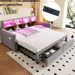 Lit Gigogne 90x190 cm - Lit Capitonné avec LED, 2 Tiroirs et Compartiments pour Enfant - Velours, MDF, Gris Clair - sans Matelas><noscript><img width=