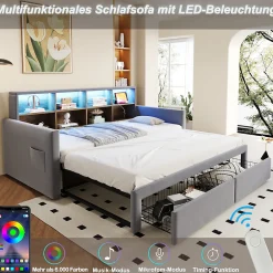 Lit Gigogne 90x190 cm - Lit Capitonné avec LED, 2 Tiroirs et Compartiments pour Enfant - Velours, MDF, Gris Clair - sans Matelas><noscript><img width=