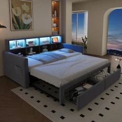 Lit Gigogne 90x190 cm - Lit Capitonné avec LED, 2 Tiroirs et Compartiments pour Enfant - Velours, MDF, Gris Clair - sans Matelas><noscript><img width=