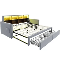 Lit Gigogne 90x190 cm - Lit Capitonné avec LED, 2 Tiroirs et Compartiments pour Enfant - Velours, MDF, Gris Clair - sans Matelas><noscript><img width=