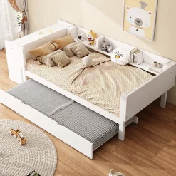 Lit Gigogne 90x200 cm - Lit Combiné enfant avec Bureau et 3 Étagères - Sans Matelas - Blanc>Okwish