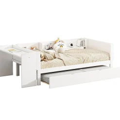 Lit Gigogne 90x200 cm - Lit Combiné enfant avec Bureau et 3 Étagères - Sans Matelas - Blanc><noscript><img width=