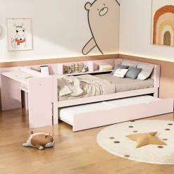 Okwish Lit Gigogne 90x200 cm - Lit Combiné enfant avec Bureau et 3 Étagères - Sans Matelas - Rose* Lit Gigogne