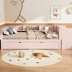 Okwish Lit Gigogne 90x200 cm - Lit Combiné enfant avec Bureau et 3 Étagères - Sans Matelas - Rose* Lit Gigogne