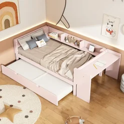 Okwish Lit Gigogne 90x200 cm - Lit Combiné enfant avec Bureau et 3 Étagères - Sans Matelas - Rose* Lit Gigogne