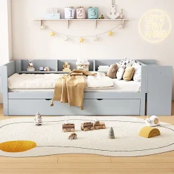 Okwish Lit Gigogne 90x200 cm - Lit Combiné enfant avec Bureau et 3 Étagères - Sans Matelas - Gris* Lit Gigogne
