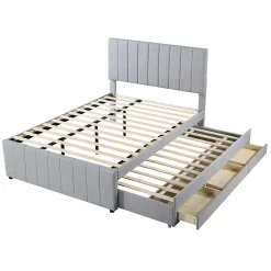 Okwish Lit Gigogne 140x200 cm - Lit Double avec Tiroirs et Lit enfant 90x190 cm, Structure en MDF et Lin, Sans Matelas - Gris* Lit Gigogne