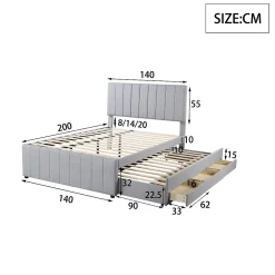 Okwish Lit Gigogne 140x200 cm - Lit Double avec Tiroirs et Lit enfant 90x190 cm, Structure en MDF et Lin, Sans Matelas - Gris* Lit Gigogne