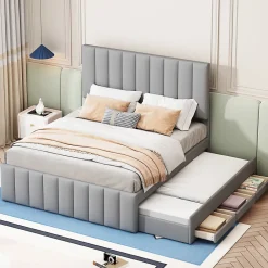 Okwish Lit Gigogne 140x200 cm - Lit Double avec Tiroirs et Lit enfant 90x190 cm, Structure en MDF et Lin, Sans Matelas - Gris* Lit Gigogne