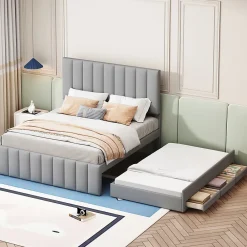 Okwish Lit Gigogne 140x200 cm - Lit Double avec Tiroirs et Lit enfant 90x190 cm, Structure en MDF et Lin, Sans Matelas - Gris* Lit Gigogne
