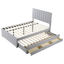 Okwish Lit Gigogne 140x200 cm - Lit Double avec Tiroirs et Lit enfant 90x190 cm, Structure en MDF et Lin, Sans Matelas - Gris* Lit Gigogne
