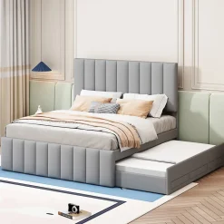 Okwish Lit Gigogne 140x200 cm - Lit Double avec Tiroirs et Lit enfant 90x190 cm, Structure en MDF et Lin, Sans Matelas - Gris* Lit Gigogne