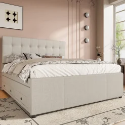 Lit Gigogne 140x200 cm - Lit Double Ado avec Tête de Lit Réglable et 3 Tiroirs - Sans Matelas - Lin Beige><noscript><img width=
