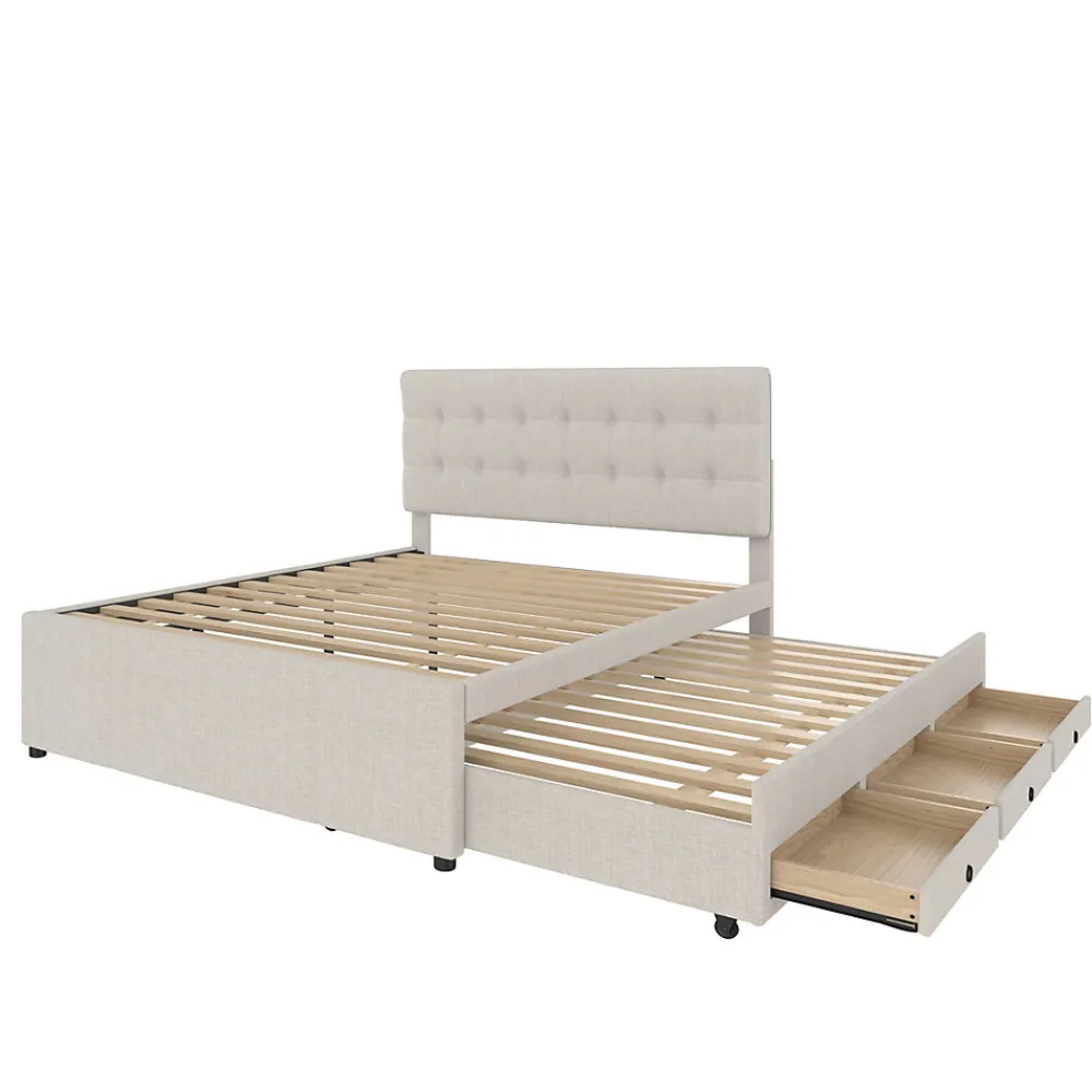 Lit Gigogne 140x200 cm - Lit Double Ado avec Tête de Lit Réglable et 3 Tiroirs - Sans Matelas - Lin Beige>Okwish New