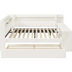Okwish Lit Gigogne 140x200 cm - Lit Double Rembourré avec LED et Ports USB, Bureau Intégré, sans Matelas - MDF Blanc* Lit Gigogne