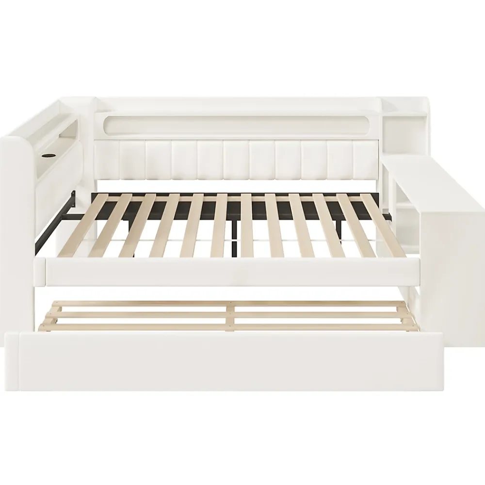 Okwish Lit Gigogne 140x200 cm - Lit Double Rembourré avec LED et Ports USB, Bureau Intégré, sans Matelas - MDF Blanc* Lit Gigogne