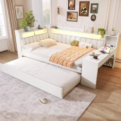 Okwish Lit Gigogne 140x200 cm - Lit Double Rembourré avec LED et Ports USB, Bureau Intégré, sans Matelas - MDF Blanc* Lit Gigogne