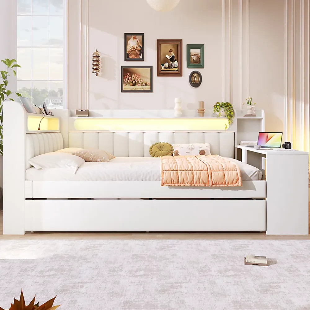 Okwish Lit Gigogne 140x200 cm - Lit Double Rembourré avec LED et Ports USB, Bureau Intégré, sans Matelas - MDF Blanc* Lit Gigogne