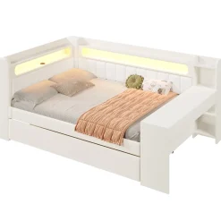 Okwish Lit Gigogne 140x200 cm - Lit Double Rembourré avec LED et Ports USB, Bureau Intégré, sans Matelas - MDF Blanc* Lit Gigogne