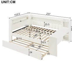 Okwish Lit Gigogne 140x200 cm - Lit Double Rembourré avec LED et Ports USB, Bureau Intégré, sans Matelas - MDF Blanc* Lit Gigogne