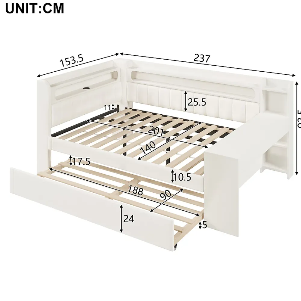 Okwish Lit Gigogne 140x200 cm - Lit Double Rembourré avec LED et Ports USB, Bureau Intégré, sans Matelas - MDF Blanc* Lit Gigogne