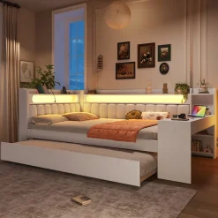 Okwish Lit Gigogne 140x200 cm - Lit Double Rembourré avec LED et Ports USB, Bureau Intégré, sans Matelas - MDF Blanc* Lit Gigogne