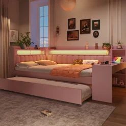 Lit Gigogne 140x200 cm - Lit Double Rembourré avec LED et Ports USB, Bureau Intégré, sans Matelas - MDF Rose>Okwish Sale