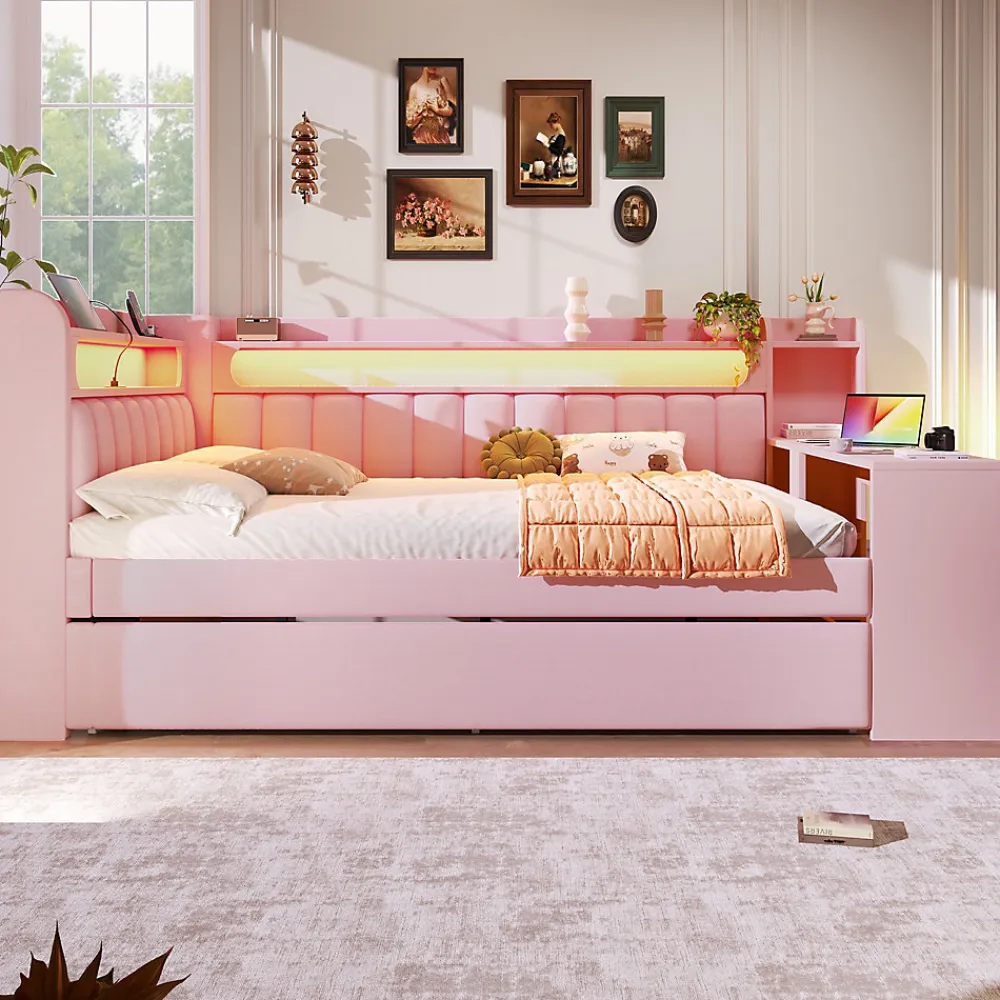 Lit Gigogne 140x200 cm - Lit Double Rembourré avec LED et Ports USB, Bureau Intégré, sans Matelas - MDF Rose>Okwish Sale