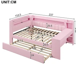 Lit Gigogne 140x200 cm - Lit Double Rembourré avec LED et Ports USB, Bureau Intégré, sans Matelas - MDF Rose><noscript><img width=