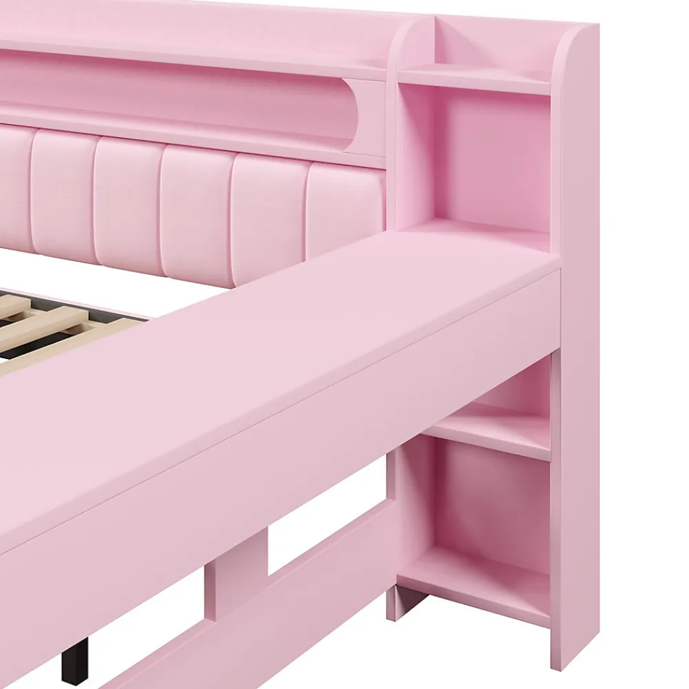 Lit Gigogne 140x200 cm - Lit Double Rembourré avec LED et Ports USB, Bureau Intégré, sans Matelas - MDF Rose>Okwish Sale