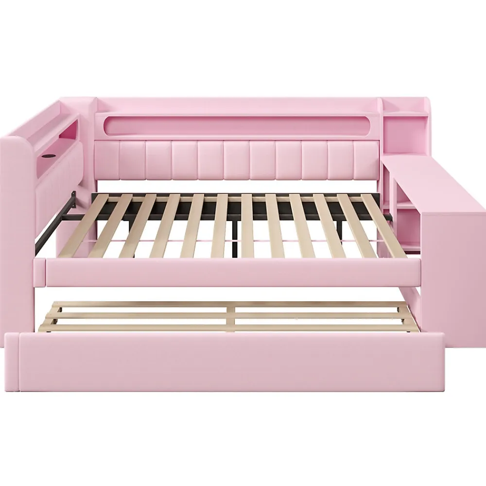 Lit Gigogne 140x200 cm - Lit Double Rembourré avec LED et Ports USB, Bureau Intégré, sans Matelas - MDF Rose>Okwish Sale