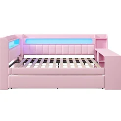 Lit Gigogne 140x200 cm - Lit Double Rembourré avec LED et Ports USB, Bureau Intégré, sans Matelas - MDF Rose><noscript><img width=